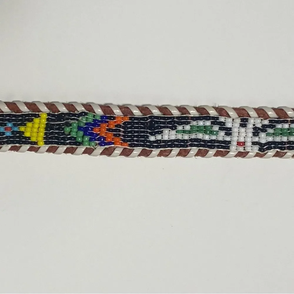 Vintage Genuine Cowhide Hand Beaded & Laced Aztec Tooled Leather Belt Size 24